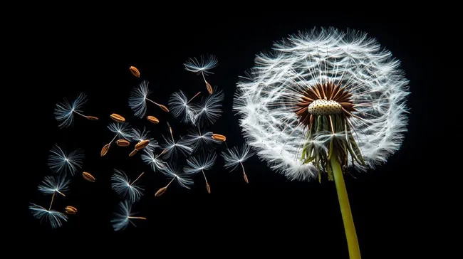 Wehendes Pusteblumen-Samengut im Nahaufnahme-Fotoshooting