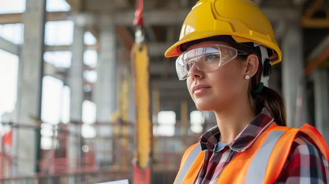 Weibliche Bauarbeiterin mit Schutzausrüstung auf Baustelle