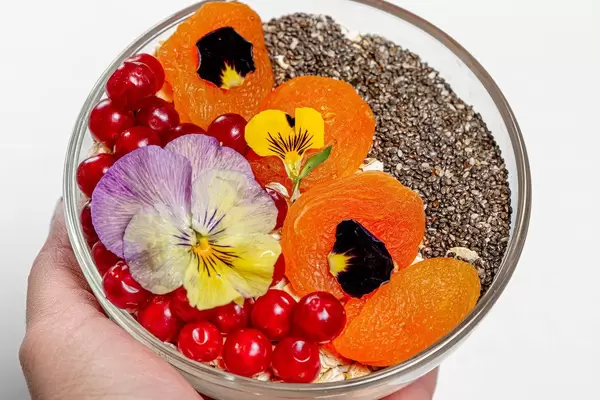 Weibliche Hand hält eine kleine Glasschüssel mit Haferflocken, Beeren, Chiasamen und essbaren Blumen