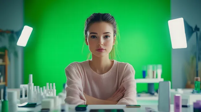 Weibliches Model vor grünem Hintergrund mit Beauty-Utensilien