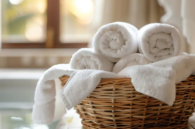 Weiche Handtücher in einem Weidenkorb