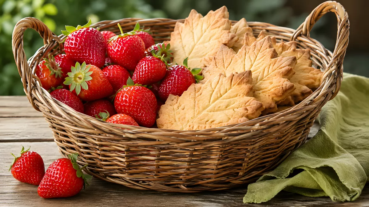 Weidenkorb mit Erdbeeren und Blattgebäck auf Holz