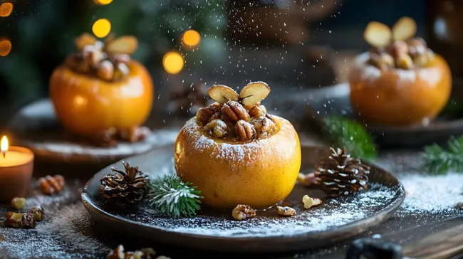 Weihnachtlich dekorierte gebackene Äpfel mit Nüssen und Rosinen