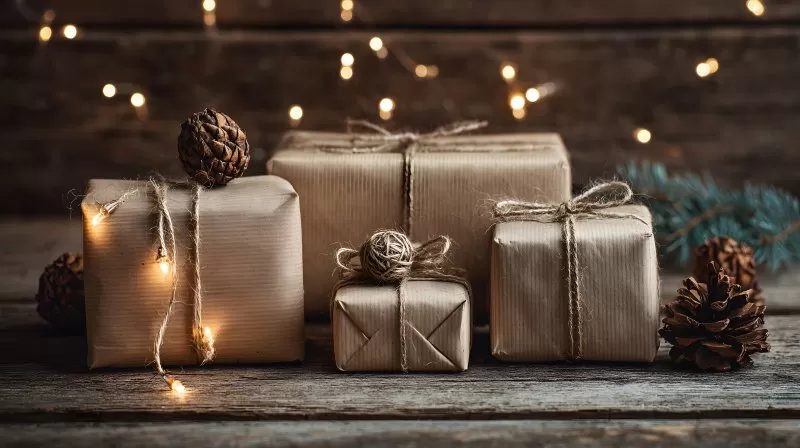 Weihnachtlich dekorierte Geschenke mit Lichterkette und Tannenzapfen