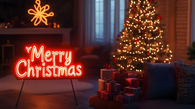 Weihnachtlich dekorierter Raum mit Neonschild