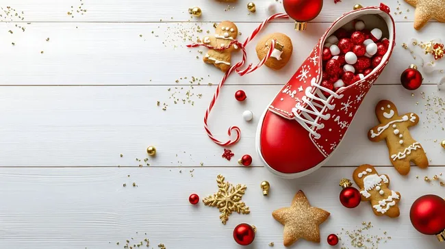 Weihnachtlich dekorierter roter Schuh mit Geschenkideen