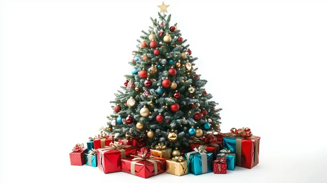 Weihnachtlich dekorierter Tannenbaum mit bunten Geschenken