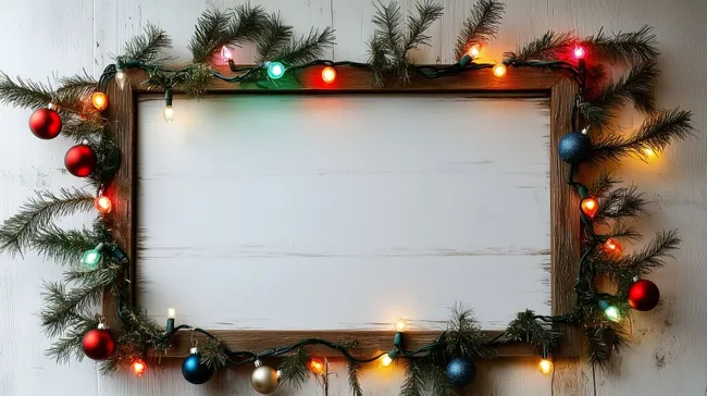 Weihnachtlich dekoriertes Holzschild mit Lichterketten