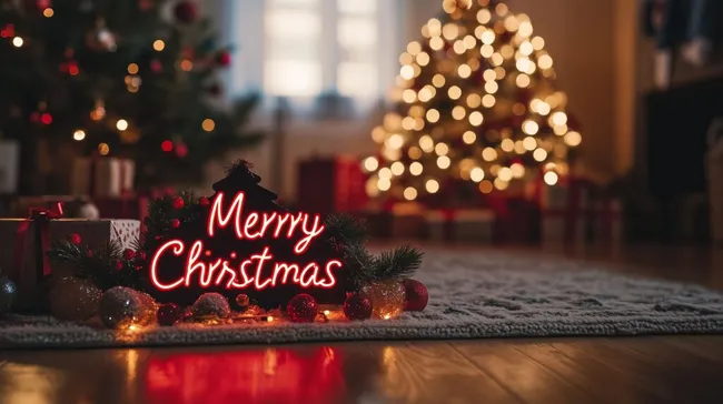 Weihnachtliche Atmosphäre mit leuchtender Neon-Schrift