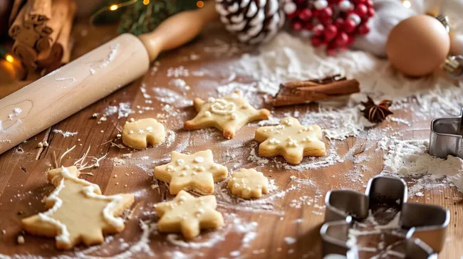 Weihnachtliche Backzutaten auf Holztisch