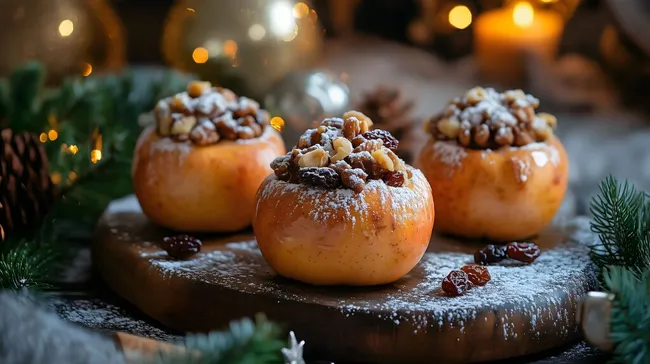 Weihnachtliche Bratäpfel mit Nüssen, Rosinen und Puderzucker
