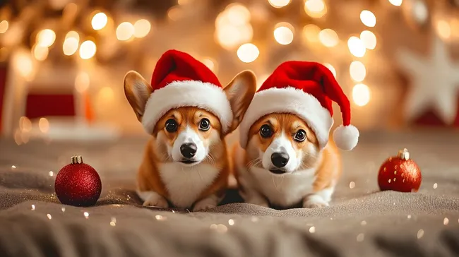 Weihnachtliche Corgi-Hunde mit Mützen und Deko