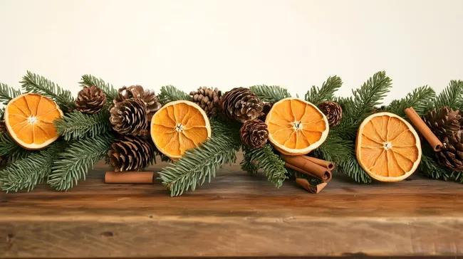 Weihnachtliche Dekoration mit Orangenscheiben und Tannenzweigen