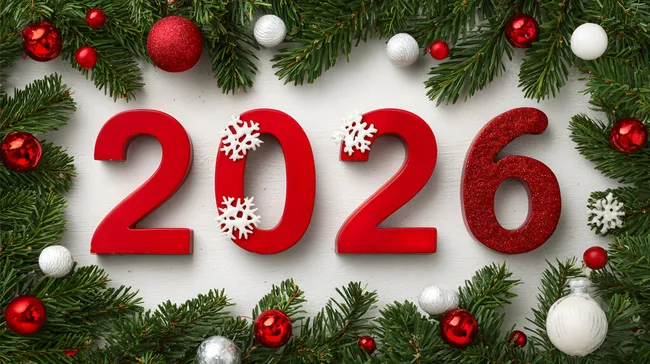Weihnachtliche Dekoration mit roten Zahlen 2026