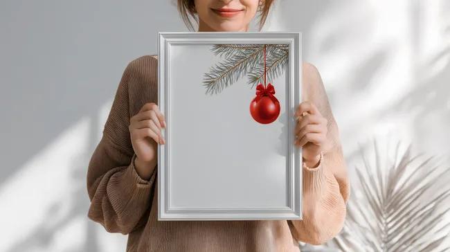 Weihnachtliche Dekoration mit roter Kugel und Tannenzweig