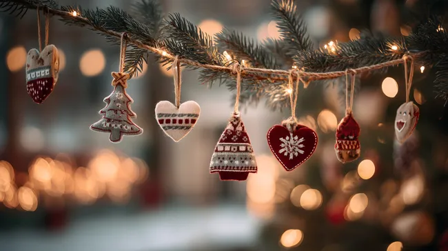 Weihnachtliche Dekoration mit Stoffanhängern an Tannenzweig