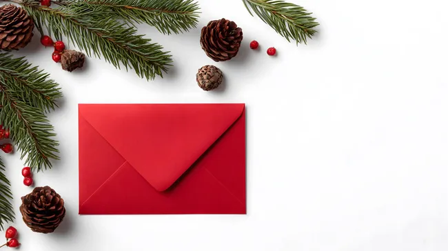 Weihnachtliche Dekoration mit Tannenzweigen und Umschlag