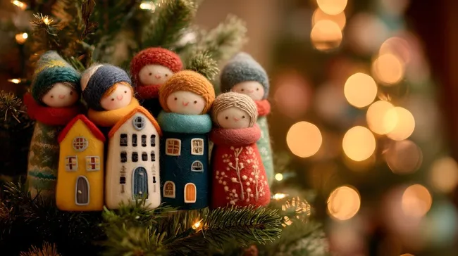Weihnachtliche Filzfiguren mit Dekorationshäusern am Baum