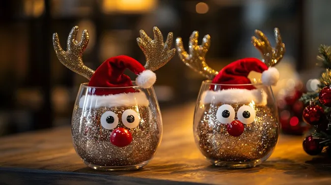 Weihnachtliche Gläser mit Rentier-Deko und Glitzer