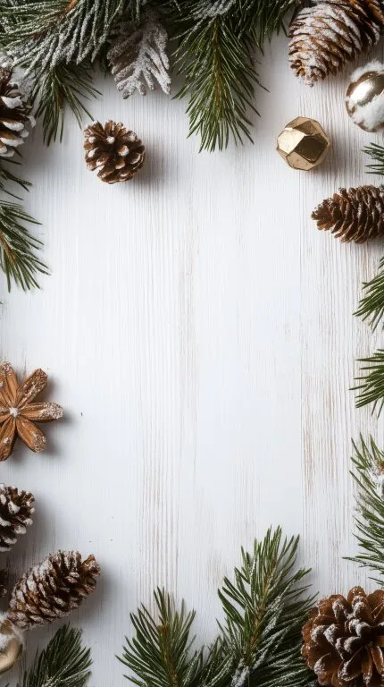 Weihnachtliche Holzrahmen-Komposition mit Tannenzweigen und Zapfen