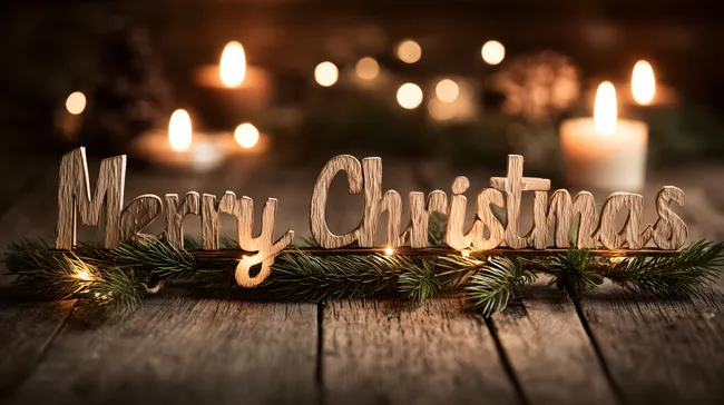 Weihnachtliche Holzschrift mit Kerzen und Tannenzweigen