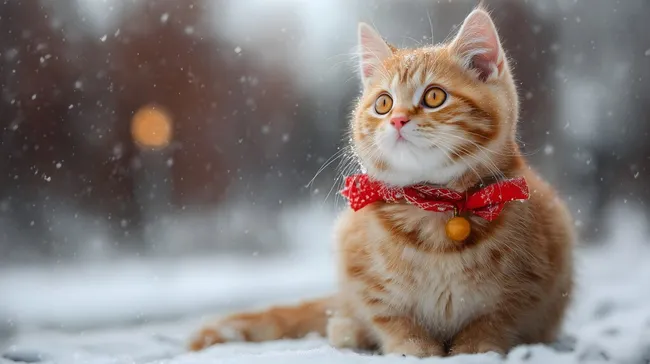 Weihnachtliche Katze im Schnee mit roter Schleife