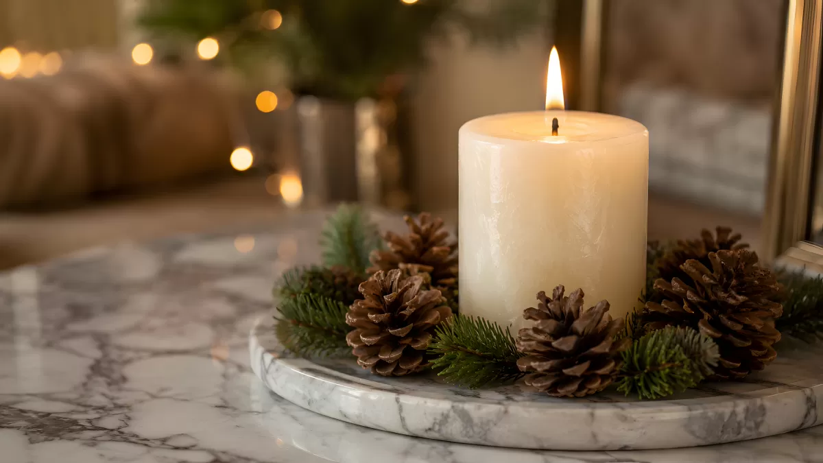 Weihnachtliche Kerze mit Tannenzapfen auf Marmortablett