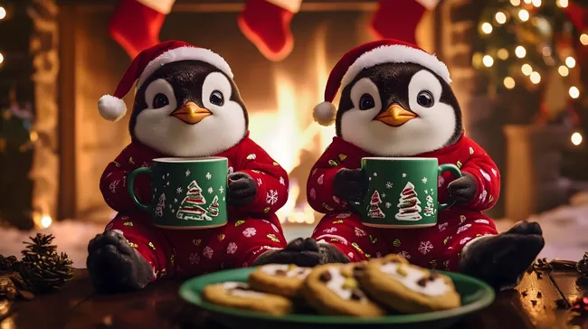 Weihnachtliche Pinguine mit Keksen und heißen Getränken