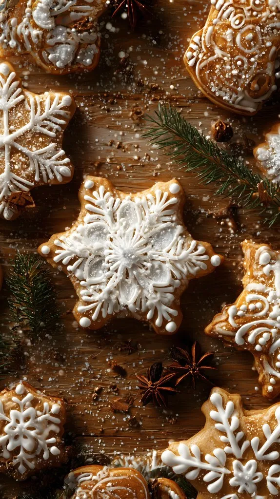 Weihnachtliche Plätzchen mit Zuckerguss und Schneeflockendekor