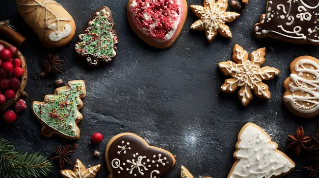 Weihnachtliche Plätzchen und Dekorationen auf dunklem Hintergrund