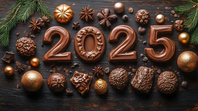 Weihnachtliche Schokoladenzahlen 2025 mit Tannenzweigen