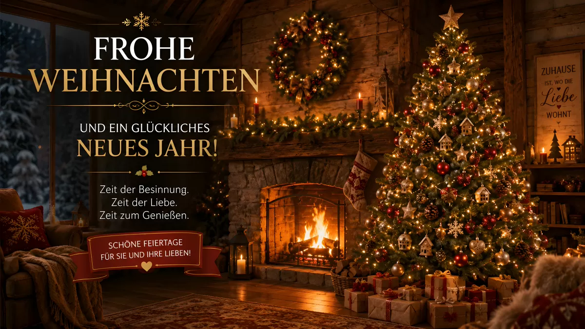 Weihnachtliche Stube mit Kamin und geschmücktem Tannenbaum