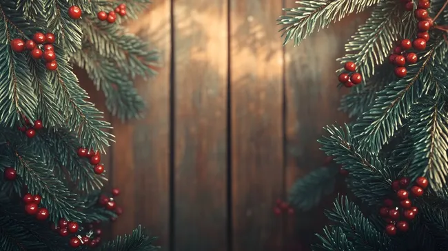 Weihnachtliche Tannen-Girlande mit roten Beeren auf rustikalem Holz