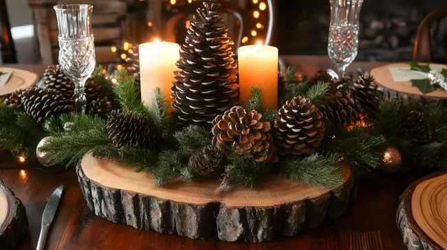 Weihnachtliche Tischdekoration mit Kerzen und Tannenzapfen