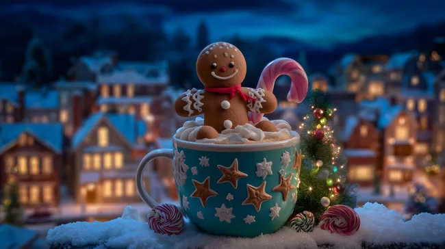 Weihnachtliche Winterszene mit Lebkuchenmann in Tasse