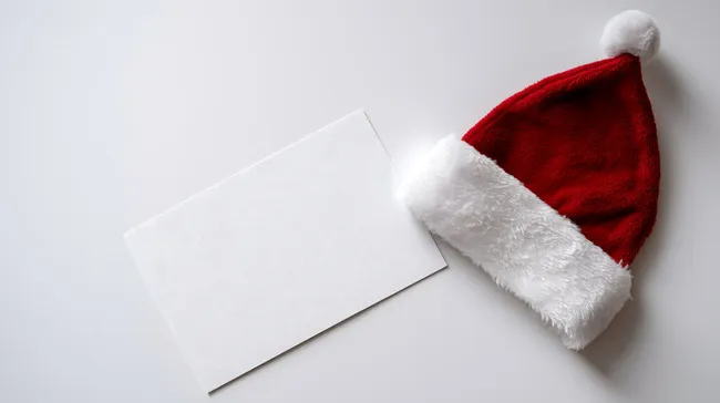 Weihnachtlicher Briefumschlag mit roter Mütze auf weißem Hintergrund