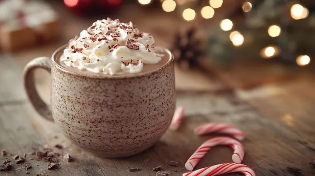 Weihnachtlicher Kakao mit Sahne und Zuckerstangen