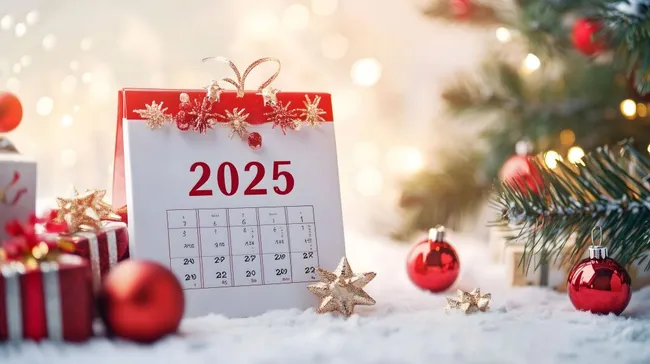 Weihnachtlicher Kalender 2025 mit festlicher Dekoration