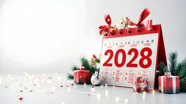 Weihnachtlicher Kalender 2028 mit Dekorationen