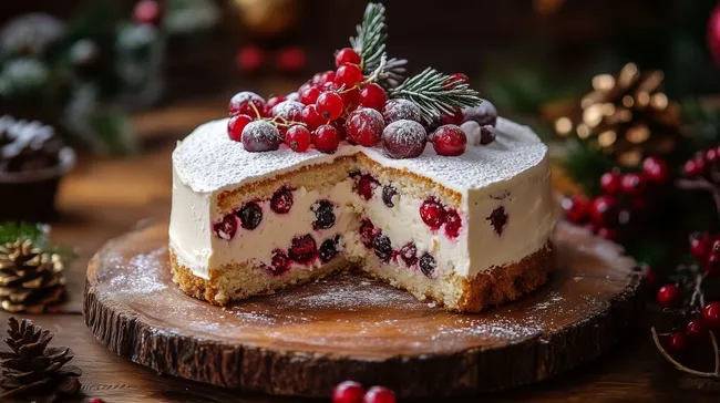 Weihnachtlicher Kirschkuchen mit Puderzucker und Beeren