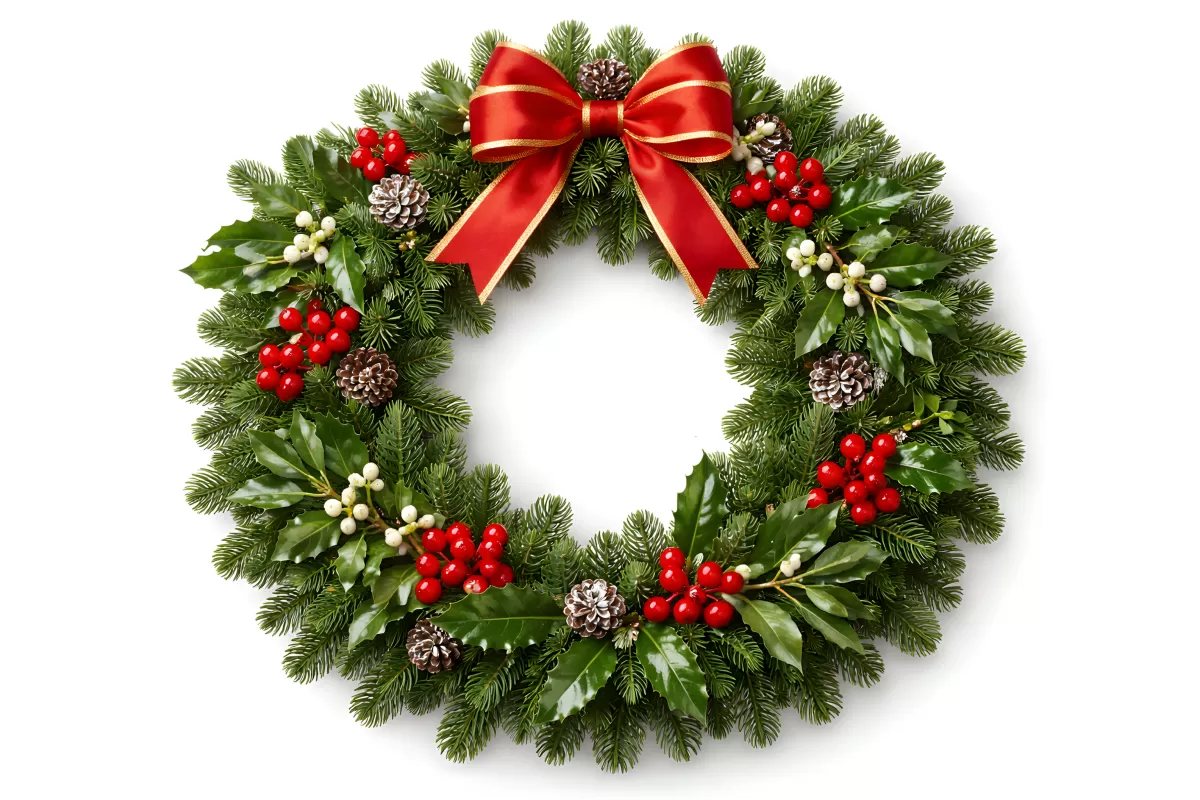 Weihnachtlicher Kranz mit roten Beeren und Schleife