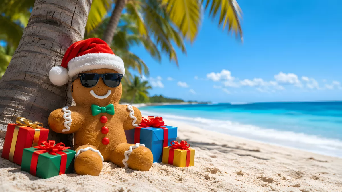 Weihnachtlicher Lebkuchenmann mit Mütze am Strand