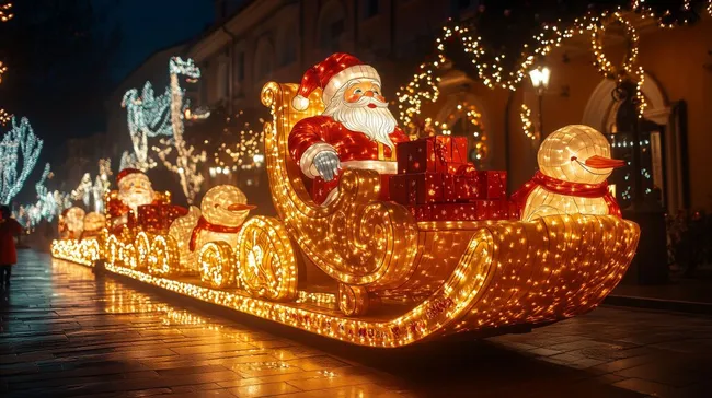 Weihnachtlicher Lichterzug mit Santa Claus und Geschenken
