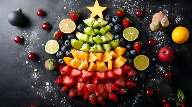 Weihnachtlicher Obstsalat in Form eines Tannenbaums