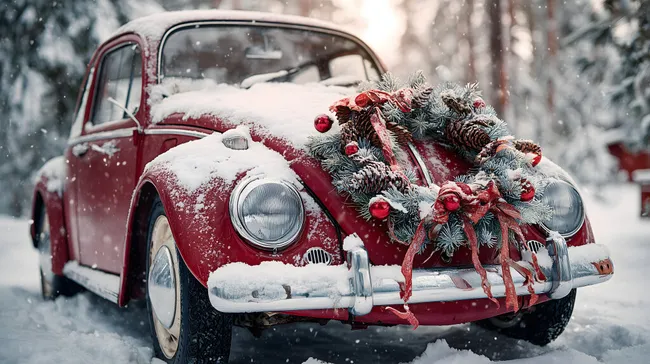 Weihnachtlicher Oldtimer im Winterwald