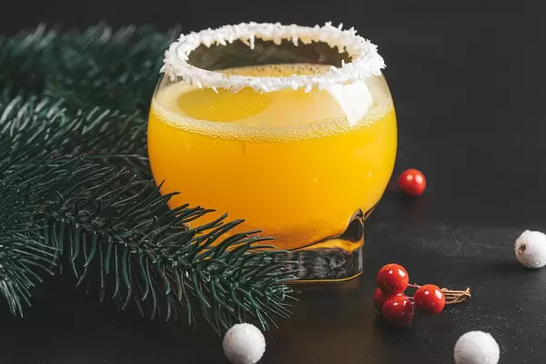 Weihnachtlicher Orangen Cocktail vor Tannenzweigen auf einem schwarzen Hintergrund