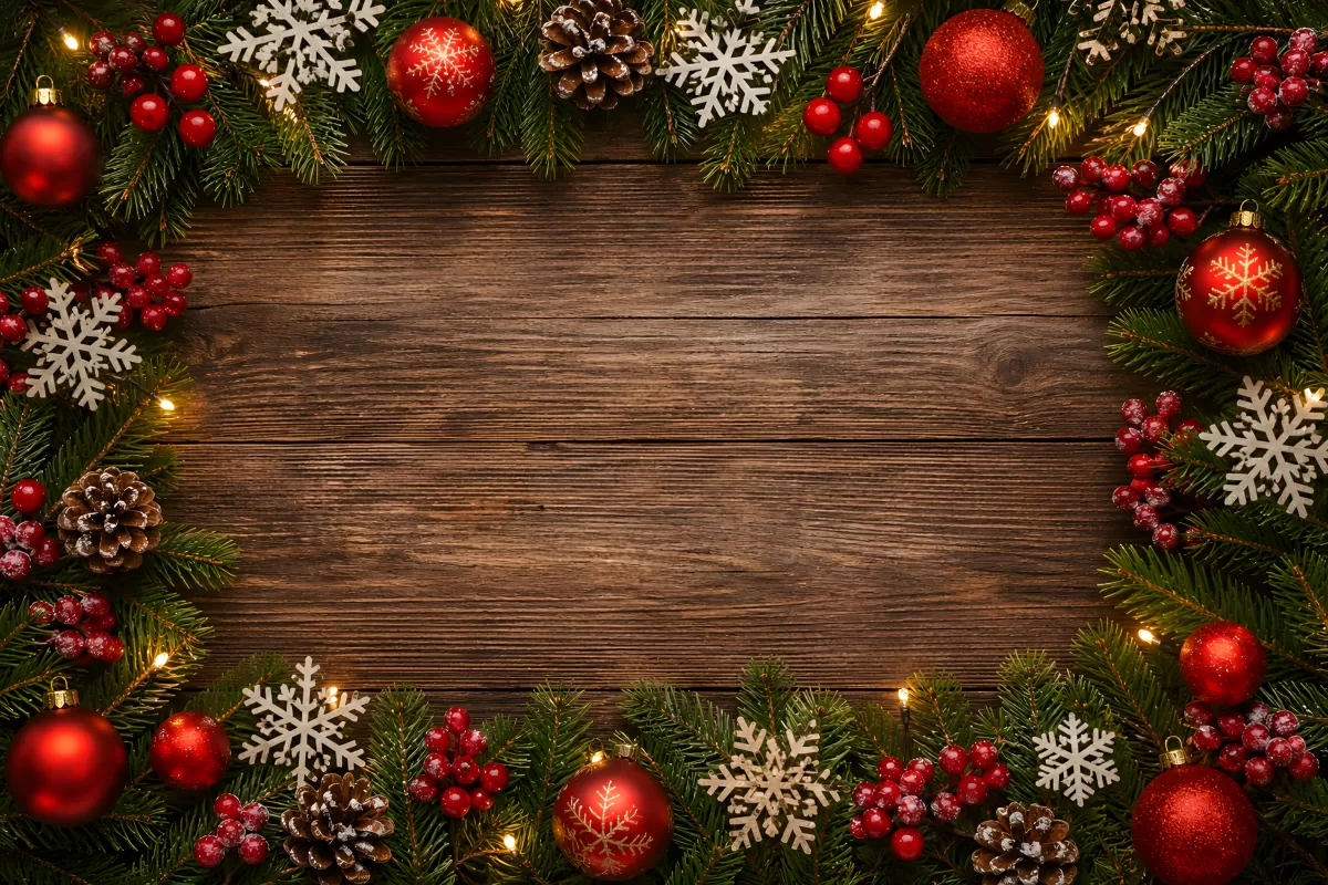 Weihnachtlicher Rahmen aus Tannenzweigen auf Holz