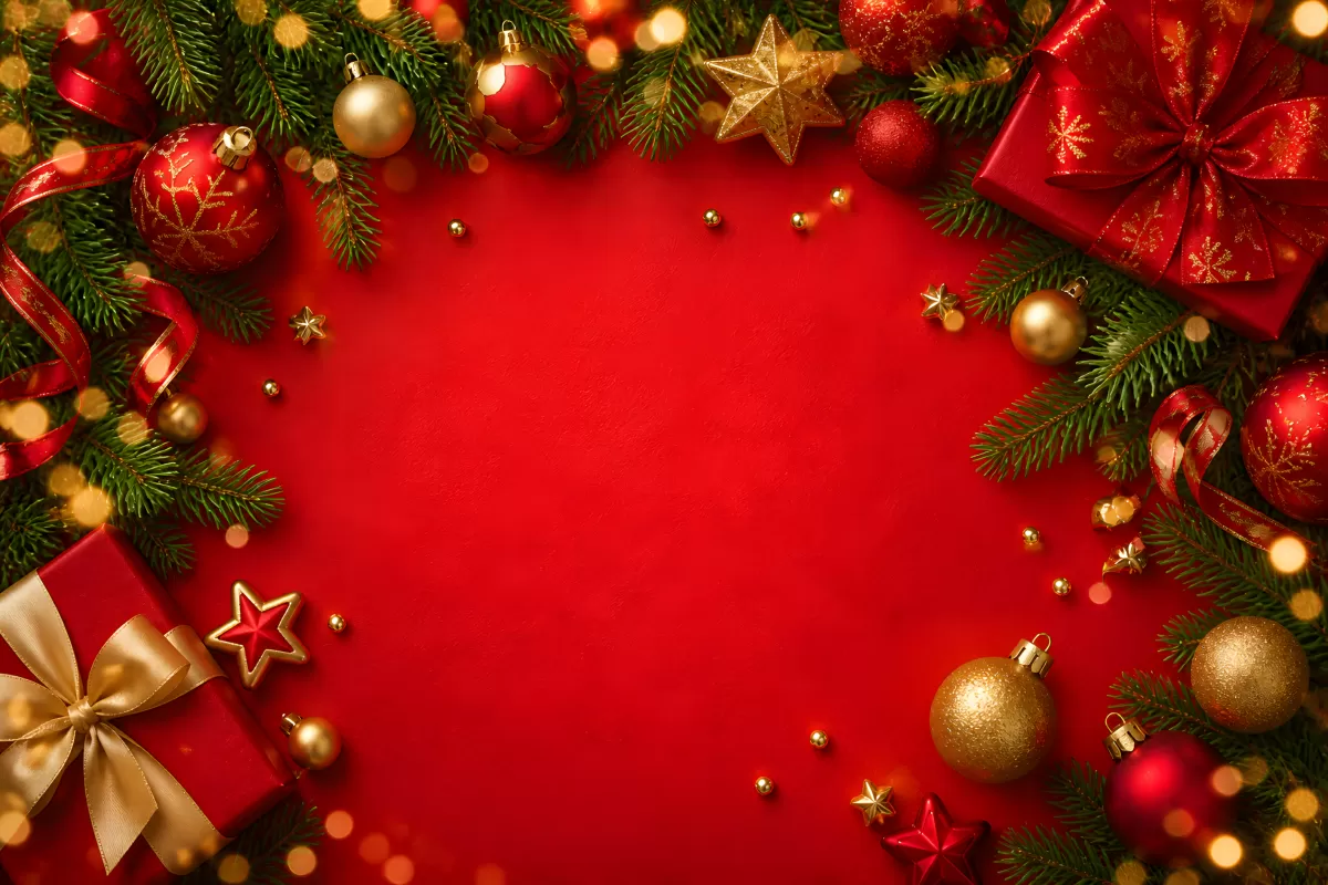 Weihnachtlicher Rahmen mit Tannenzweigen und Kugeln