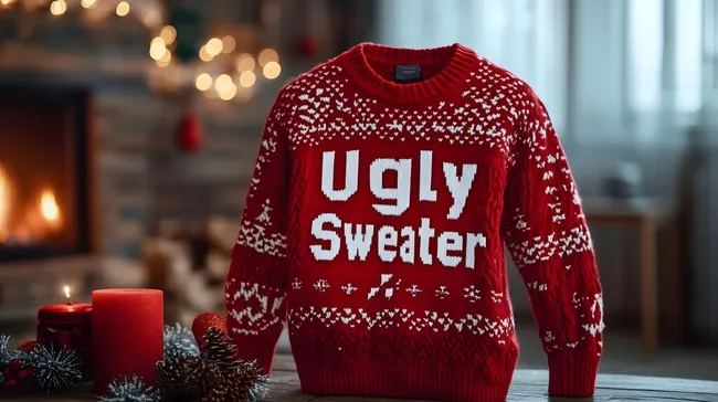 Weihnachtlicher roter Ugly Sweater vor Kamin