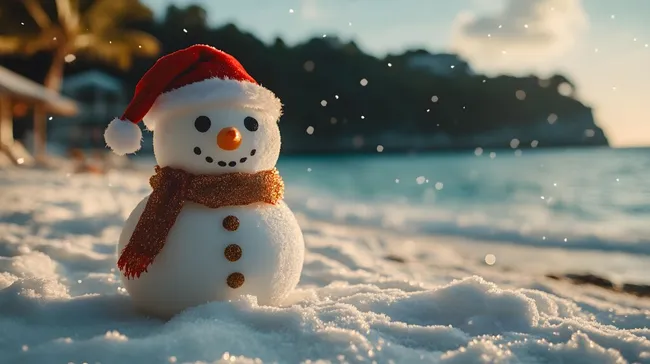 Weihnachtlicher Schneemann am tropischen Strand
